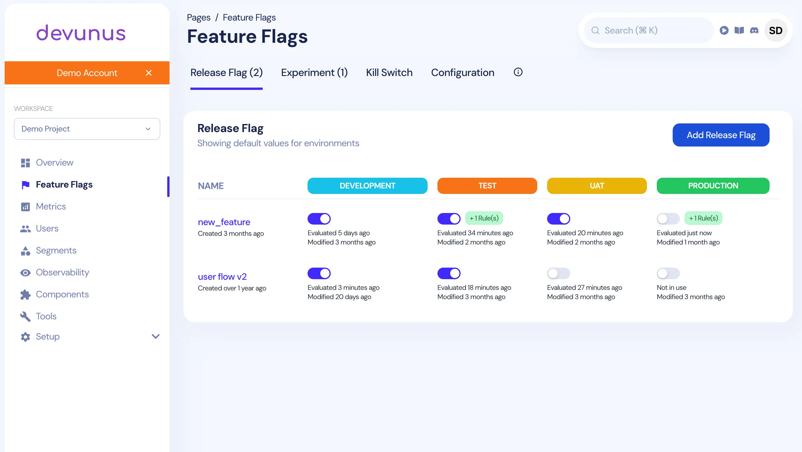 devunus Feature Flags Platform - Deploy without fear with zero-risk releases and production testing