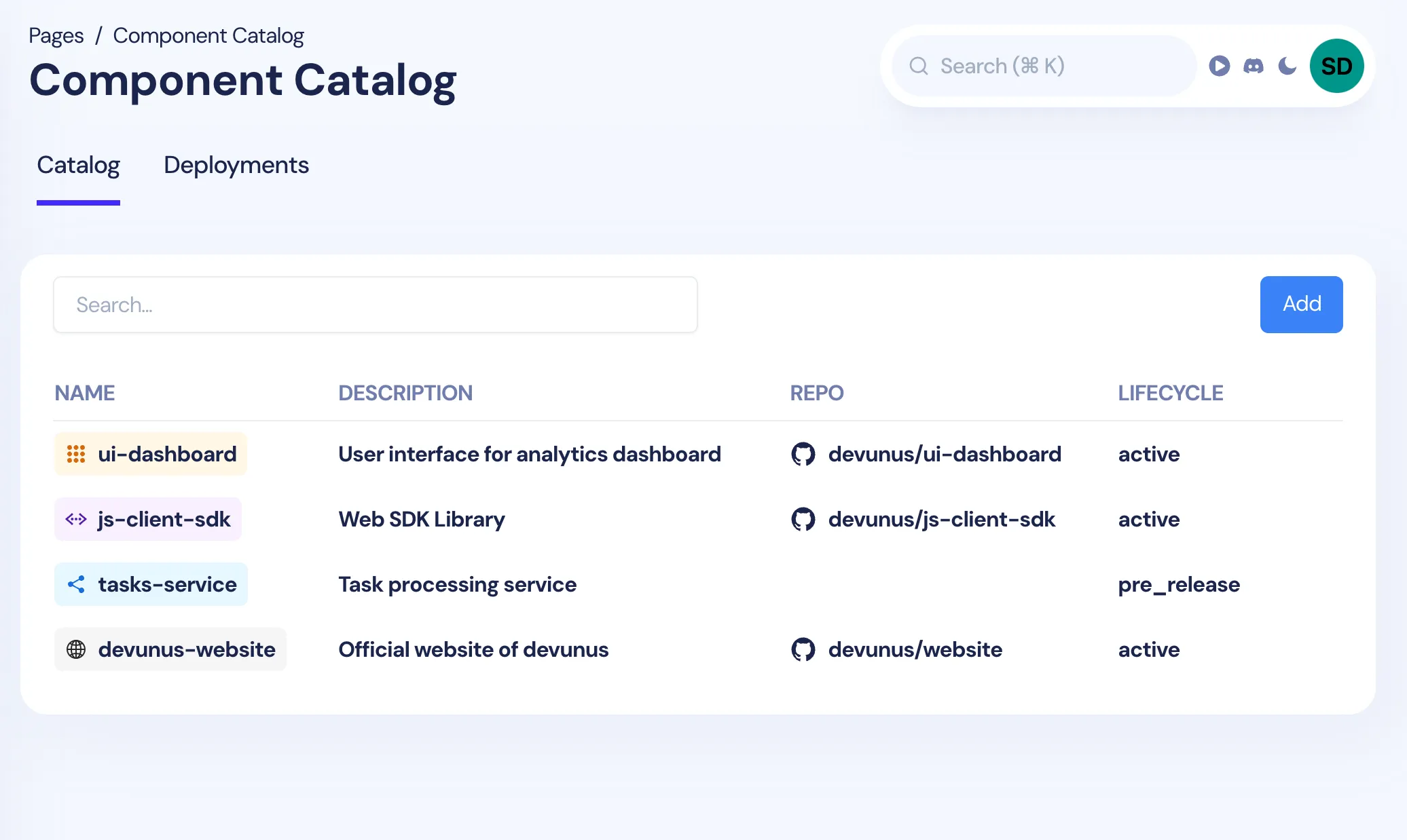 Screenshot of software catalog