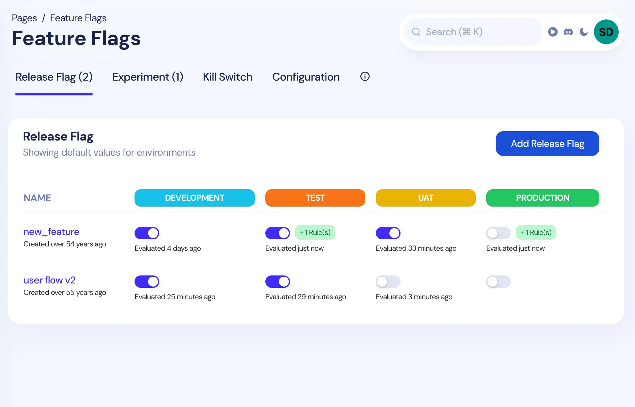 Screenshot of feature flags list